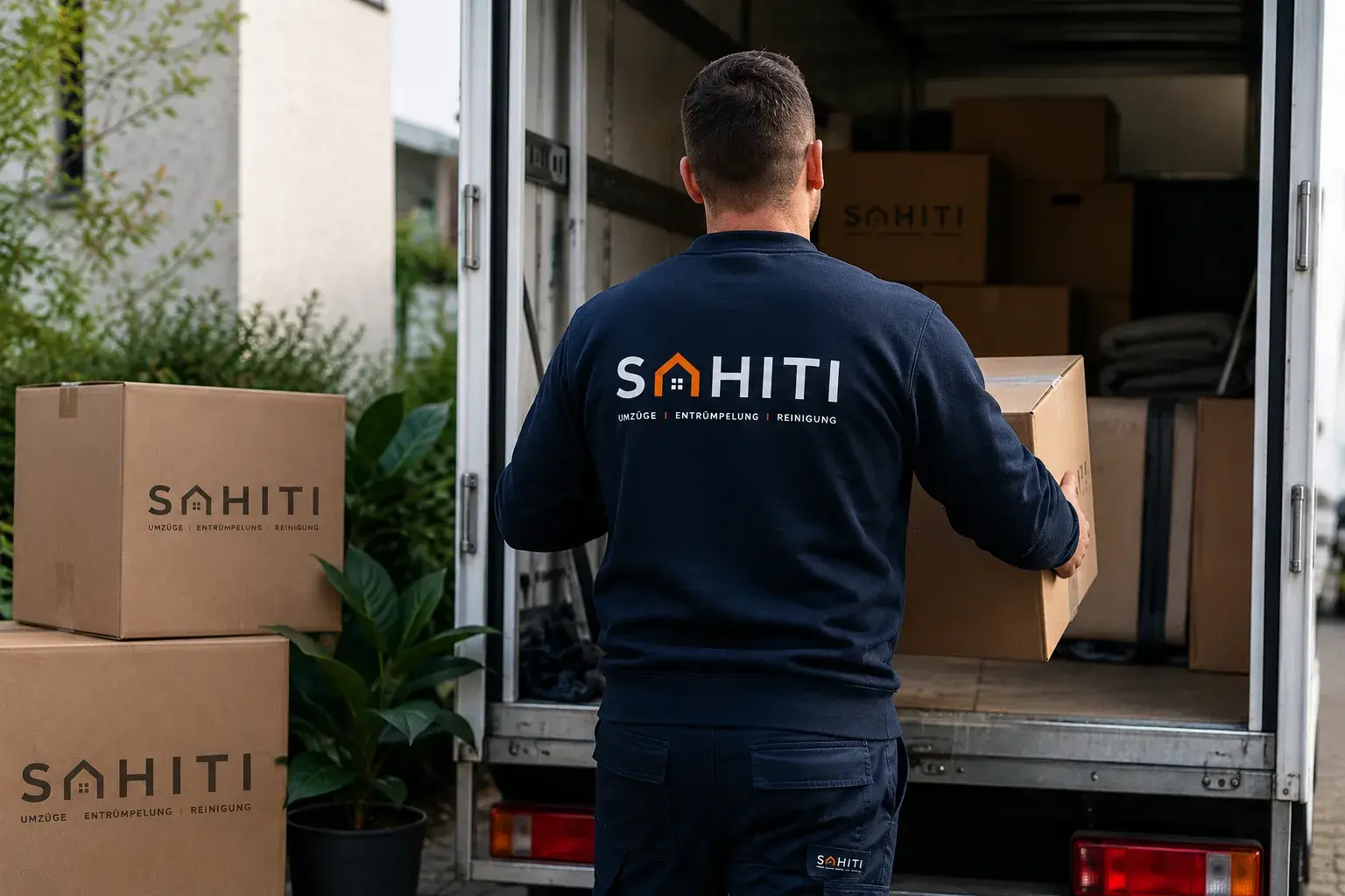 Mitarbeiter von SAHITI belädt den Transporter mit Umzugskartons
